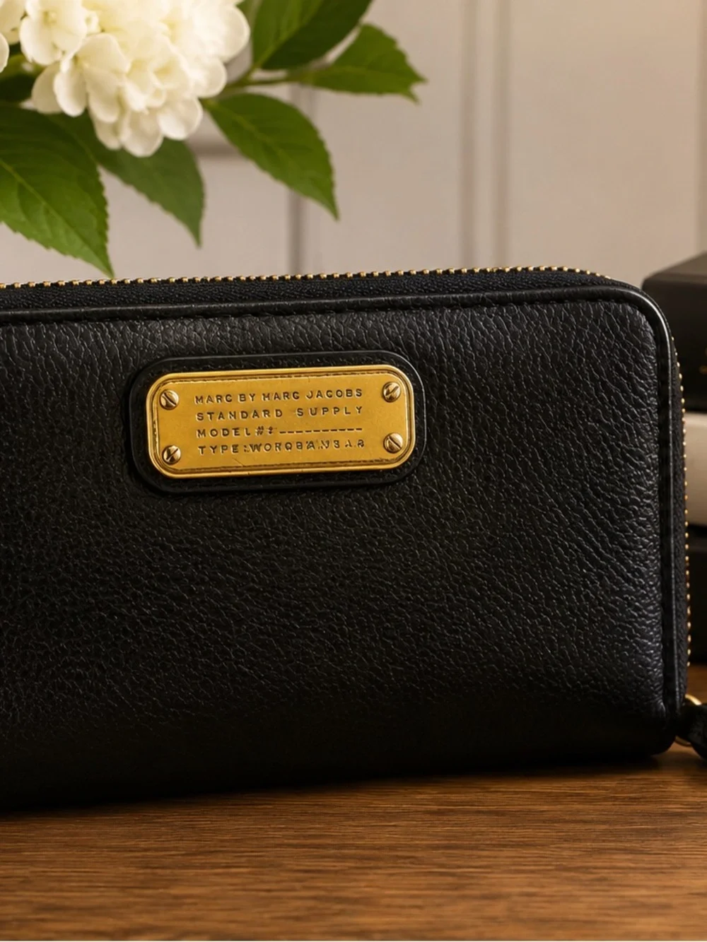 Marc by Marc Jacobs Black Leather Zip-Around Wallet with Gold Plaque